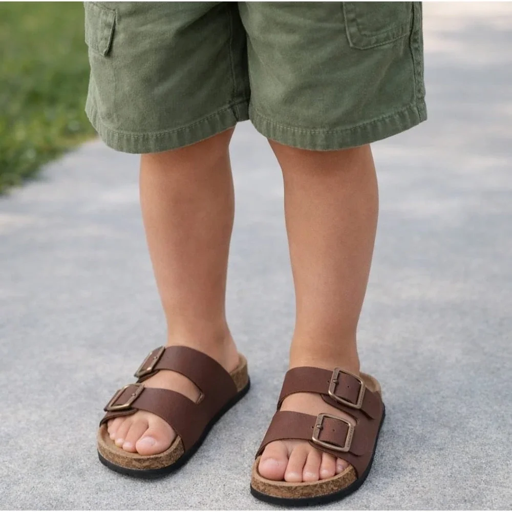 Lucky Brand Blanc Kids Brown Dual Strap Buckle Slide Sandals Size 1